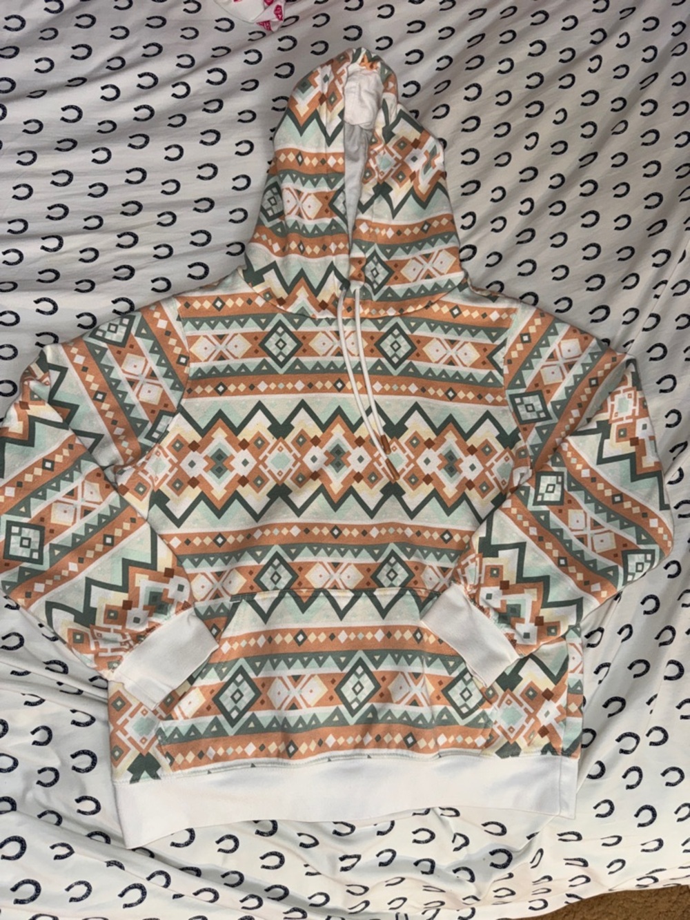 Aztec Pattern Hoodie - Cream, Orange & Green